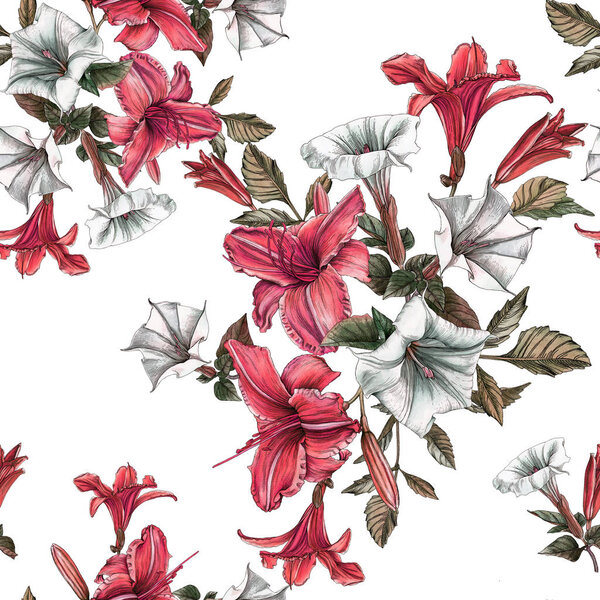 Цветочный бесшовный узор с акварелью и цветком датура
