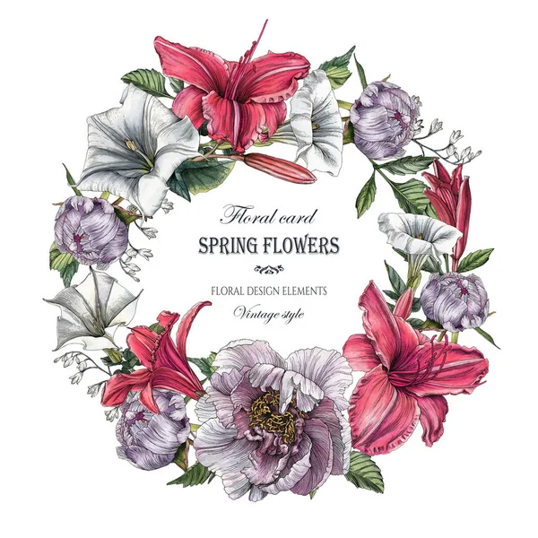 Blumengrüßkarte mit Pfingstrosen, Datura-Blume und Lilien — Stockfoto