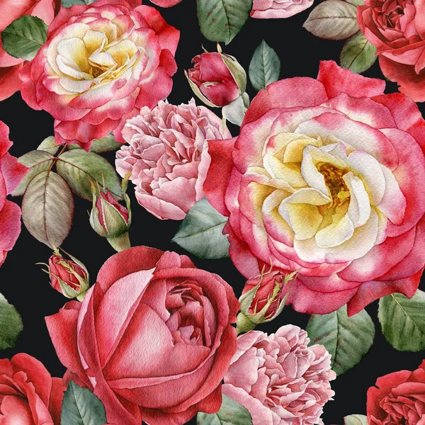 Floral μοτίβο χωρίς ραφή με νερομπογιές τριαντάφυλλα και παιώνιες — Φωτογραφία Αρχείου