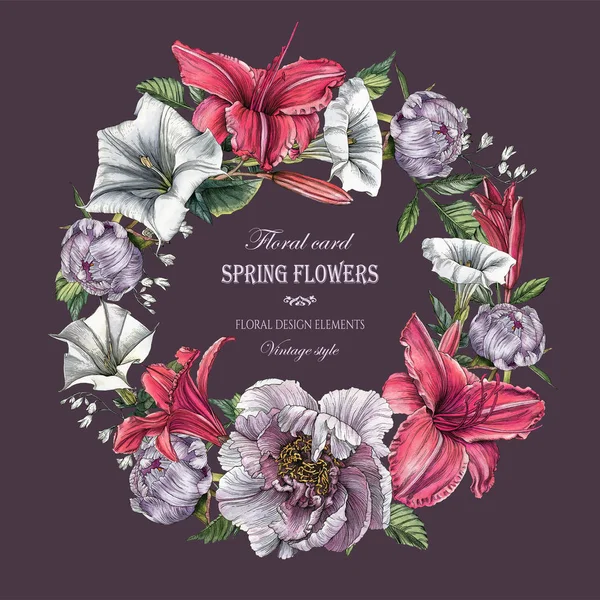 牡丹、チョウセンアサガオの花とユリの花のグリーティング カード — ストック写真