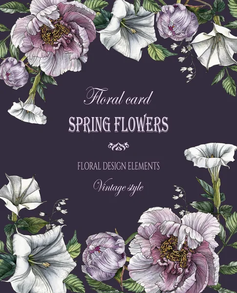 Blommig gratulationskort med pioner och datura blomma — Stockfoto