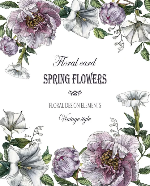 Blumen-Grußkarte mit Pfingstrosen und Datura-Blume — Stockfoto