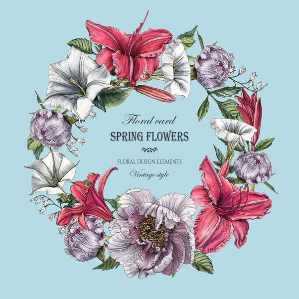 Tarjeta de felicitación floral con peonías, flores de datura y lirios — Foto de Stock