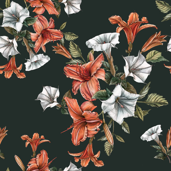 Цветочный бесшовный узор с акварелью и цветком датура
