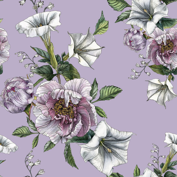 Цветочный бесшовный узор с акварельными пионами и цветком датура

