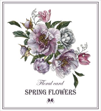 Kokulu peonies ve Lale çiçek tebrik kartı
