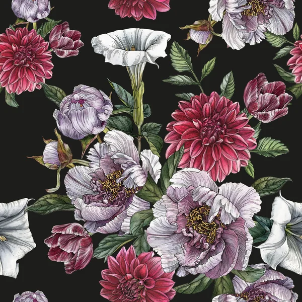 Floral Seamless Pattern With Watercolor Peonies And Datura Flower Stock Photo By C Lesia A