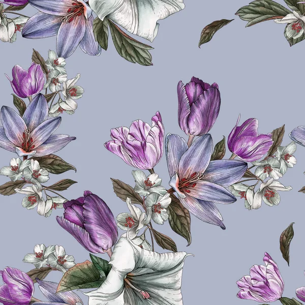 Patrón sin costura floral con tulipanes de acuarela y jazmín —  Fotos de Stock