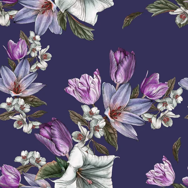 Floral seamless pattern with watercolor tulips and jasmine — Stock Photo, Image