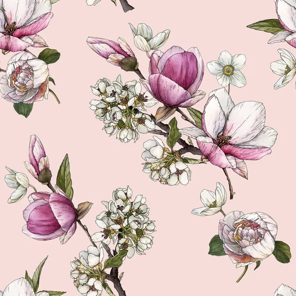 Floral seamless pattern with watercolor  magnolia, cherry blossom and peonies. — Stock Photo, Image