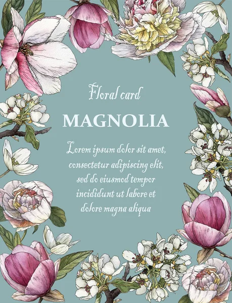 Carte de vœux florale avec cadre de magnolia aquarelle, pivoines et fleur de pomme — Photo