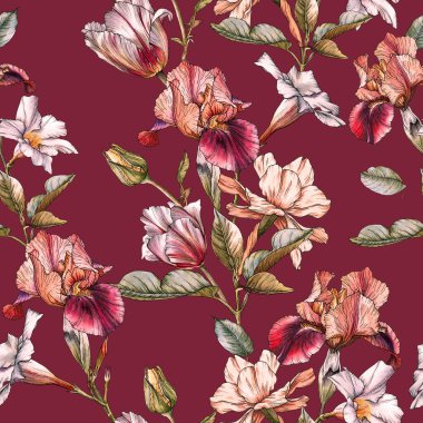 Çiçeksiz desenli suluboya süsenli, laleli, narsist ve beyaz çiçekli.