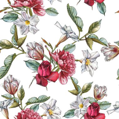 Çiçeksiz desenli suluboya güller, şakayıklar, laleler ve beyaz çiçeklerle