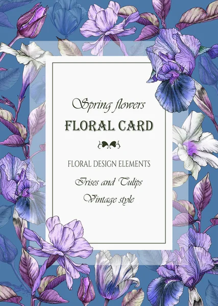 Floral greeting card with a frame of watercolor irises, tulips and narcissus. Illustration — Stock Photo, Image