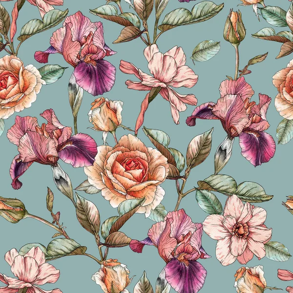 Patrón sin costura floral con iris acuarela, rosas y narcisos —  Fotos de Stock