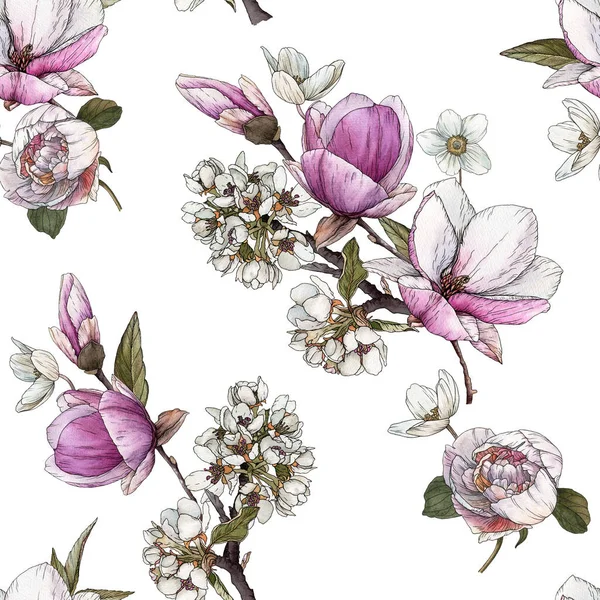 Floral μοτίβο χωρίς ραφή με νερομπογιές μανόλια, άνθη κερασιάς και παιώνιες. — Φωτογραφία Αρχείου