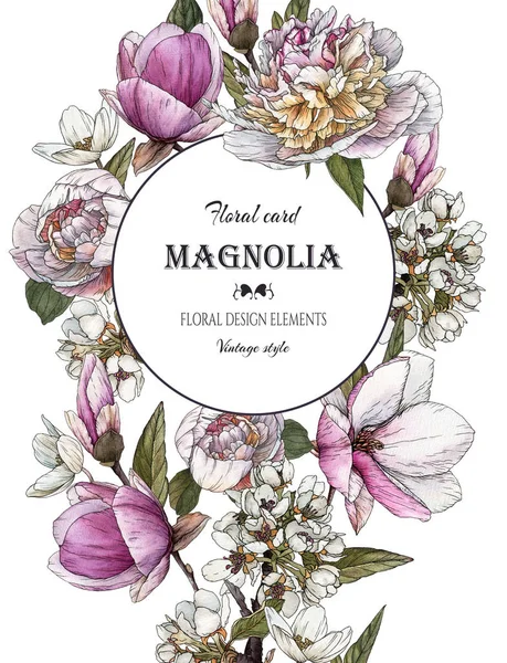 Carte de vœux floral avec bouquet de magnolia aquarelle, pivoines et fleur de pomme — Photo