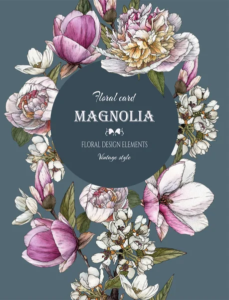 Blumengrüßkarte mit Bouquet aus Aquarell-Magnolie, Pfingstrosen und Apfelblüte — Stockfoto