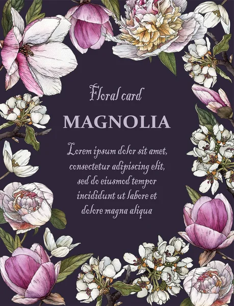 Carte de vœux florale avec cadre de magnolia aquarelle, pivoines et fleur de pomme — Photo