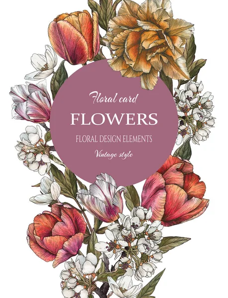 Floral greeting card with bouquet of watercolor tulips and apple blossom — ストック写真