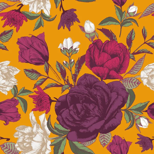 Motif Floral Vectoriel Sans Couture Avec Des Roses Des Tulipes — Image vectorielle