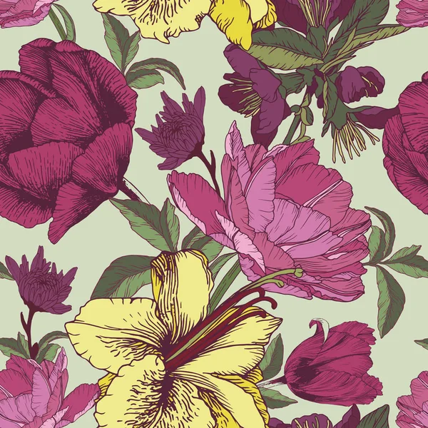 Motif floral vectoriel sans couture avec tulipes, chrysanthèmes et fleur de pomme — Image vectorielle