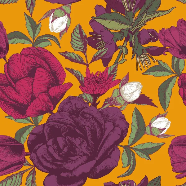 Διάνυσμα Floral Χωρίς Ραφή Μοτίβο Τριαντάφυλλα Τουλίπες Άνθη Μήλου — Διανυσματικό Αρχείο