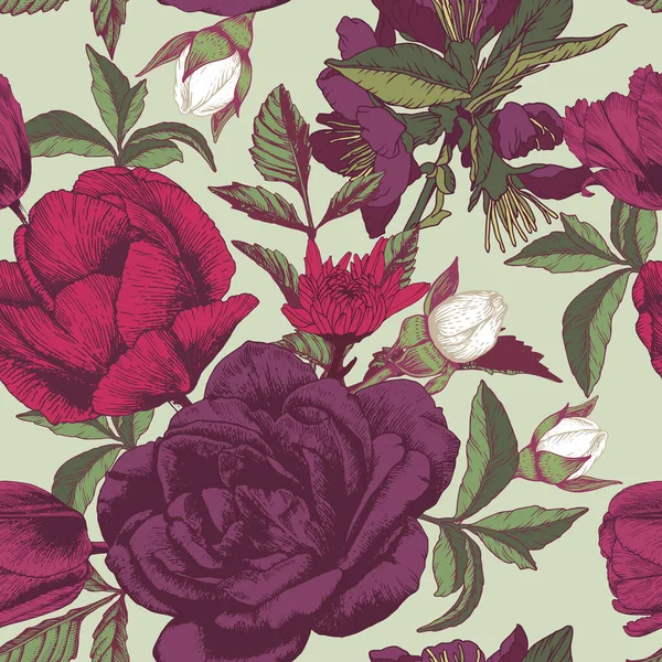 Motif Floral Vectoriel Sans Couture Avec Des Roses Des Tulipes — Image vectorielle