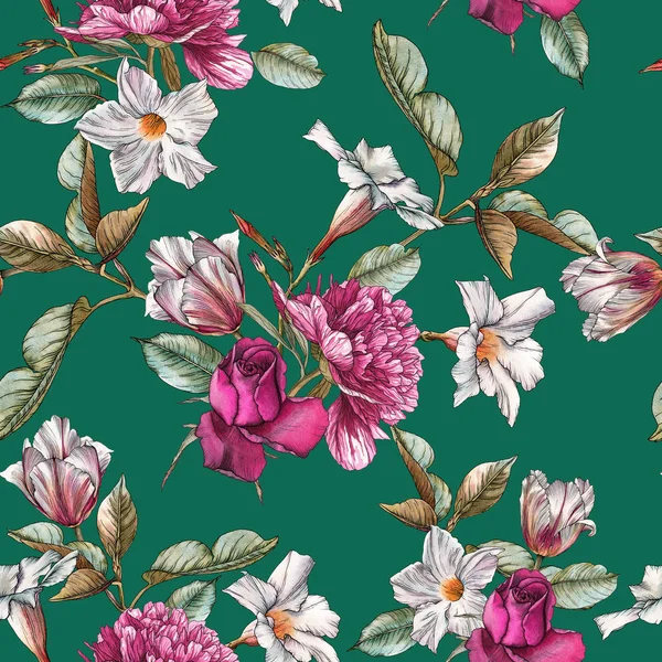 Blommigt sömlöst mönster med akvarell rosor, pioner, tulpaner och vita blommor — Stockfoto