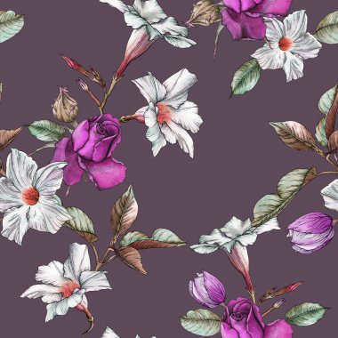 Çiçeksiz desenli suluboya güller ve beyaz çiçeklerle