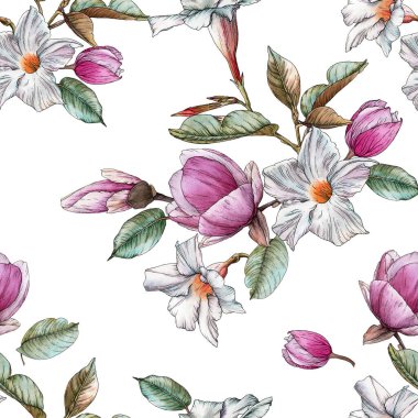 Çiçeksiz desenli suluboya manolya ve beyaz çiçekler.