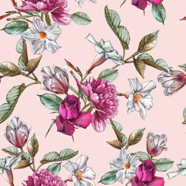 Çiçeksiz desenli suluboya güller, şakayıklar, laleler ve beyaz çiçeklerle