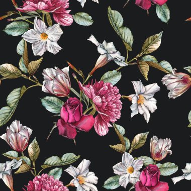 Çiçeksiz desenli suluboya güller, şakayıklar, laleler ve beyaz çiçeklerle