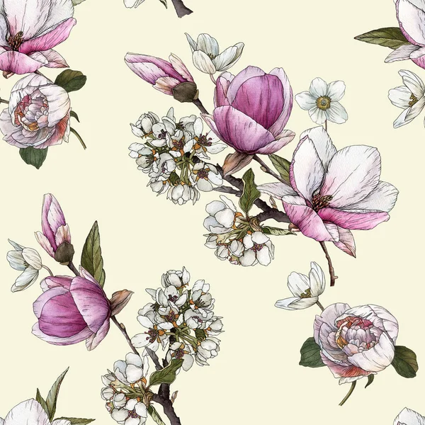 水色木兰花、樱花和牡丹的花纹无缝图案. — 图库照片