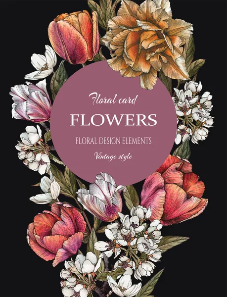 Blommig gratulationskort med bukett av akvarell tulpaner och äppelblom. Illustration — Stockfoto
