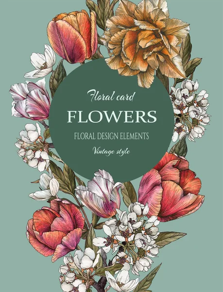 Biglietto di auguri floreale con bouquet di tulipani ad acquerello e fiori di mela. Illustrazione — Foto Stock