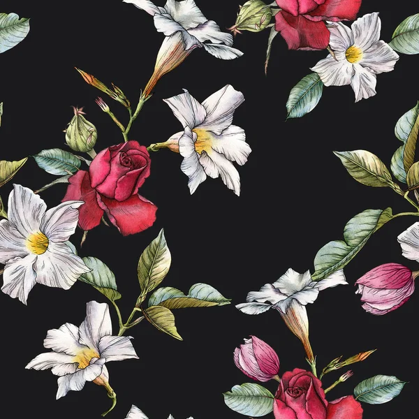 Floral seamless pattern with watercolor roses and white flowers — 스톡 사진