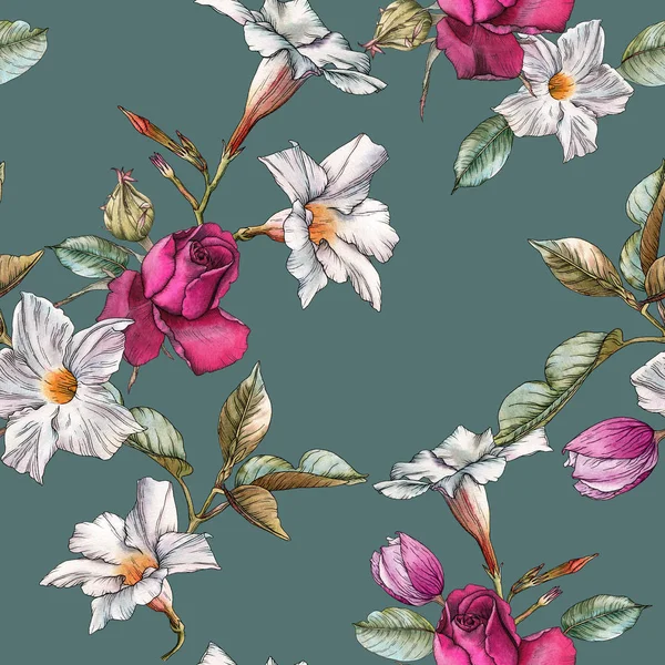 Blommigt sömlöst mönster med akvarell rosor och vita blommor — Stockfoto