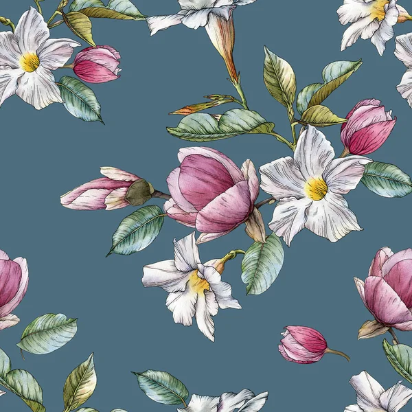 Floral seamless pattern with watercolor  magnolia and white flowers — Stock Photo, Image