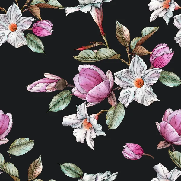 Květinové bezešvé vzor s akvarelem magnólie a bílé květy — Stock fotografie