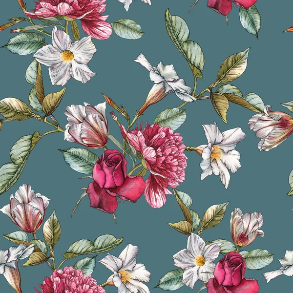 Bloemen naadloos patroon met aquarelrozen, pioenrozen, tulpen en witte bloemen — Stockfoto
