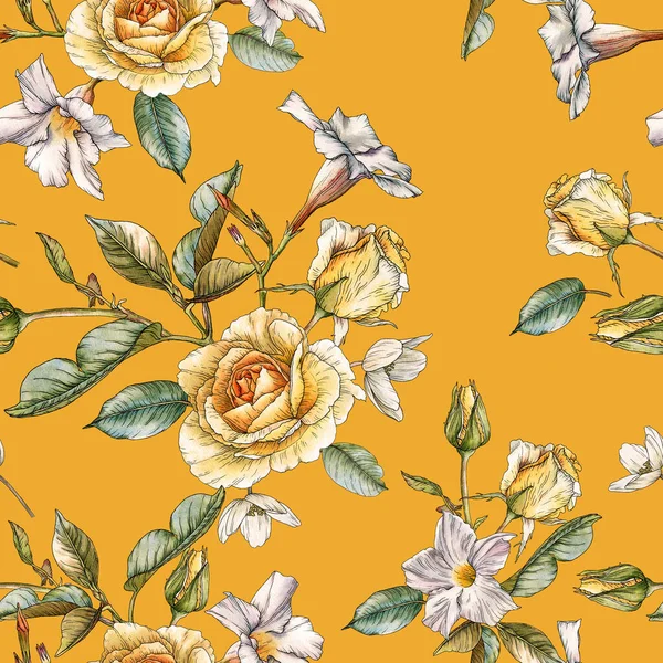 Floral χωρίς ραφή μοτίβο με ακουαρέλα κίτρινα τριαντάφυλλα και λευκά λουλούδια — Φωτογραφία Αρχείου