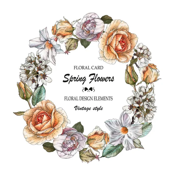 Tarjeta de felicitación floral con un marco de rosas acuarela y peonías. Corona de flores — Foto de Stock