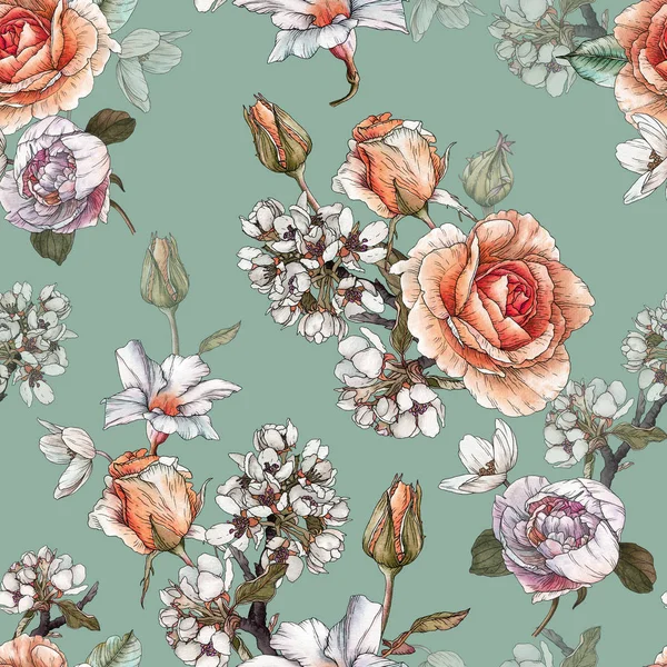 Floral Seamless Pattern Watercolor Roses Cherry Blossom Peonies — 图库照片