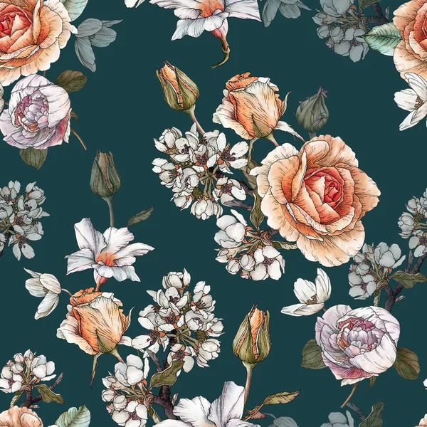 Patrón Sin Costura Floral Con Rosas Acuarela Flor Cerezo Peonías —  Fotos de Stock