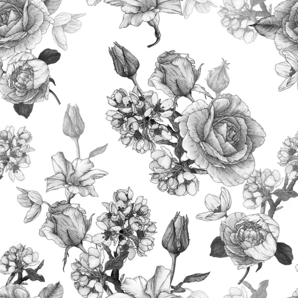 Monochrome floral seamless pattern with watercolor roses, peonies and white flowers