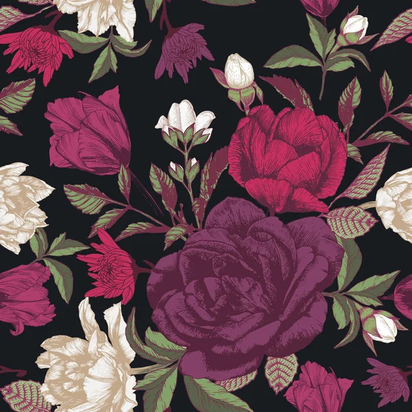 Vector Floral Seamless Pattern Roses Tulips Chrysanthemum — 스톡 벡터