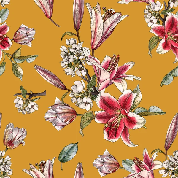 多彩的百合花、郁金香和白苹果花的花纹无缝图案 — 图库照片