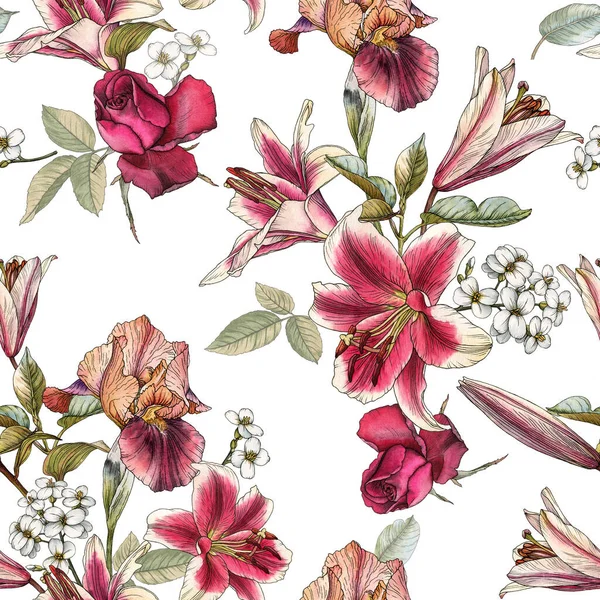 Floral seamless pattern with watercolor lilies, irises, rose and white apple blossom — Stock Photo, Image