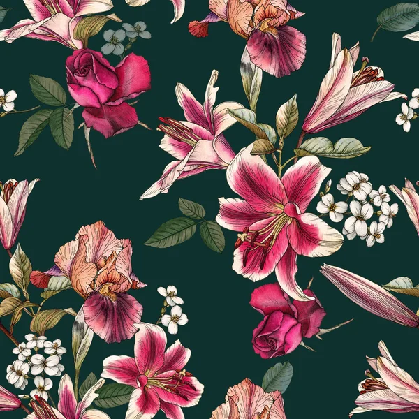 Floral seamless pattern with watercolor lilies, irises, rose and white apple blossom